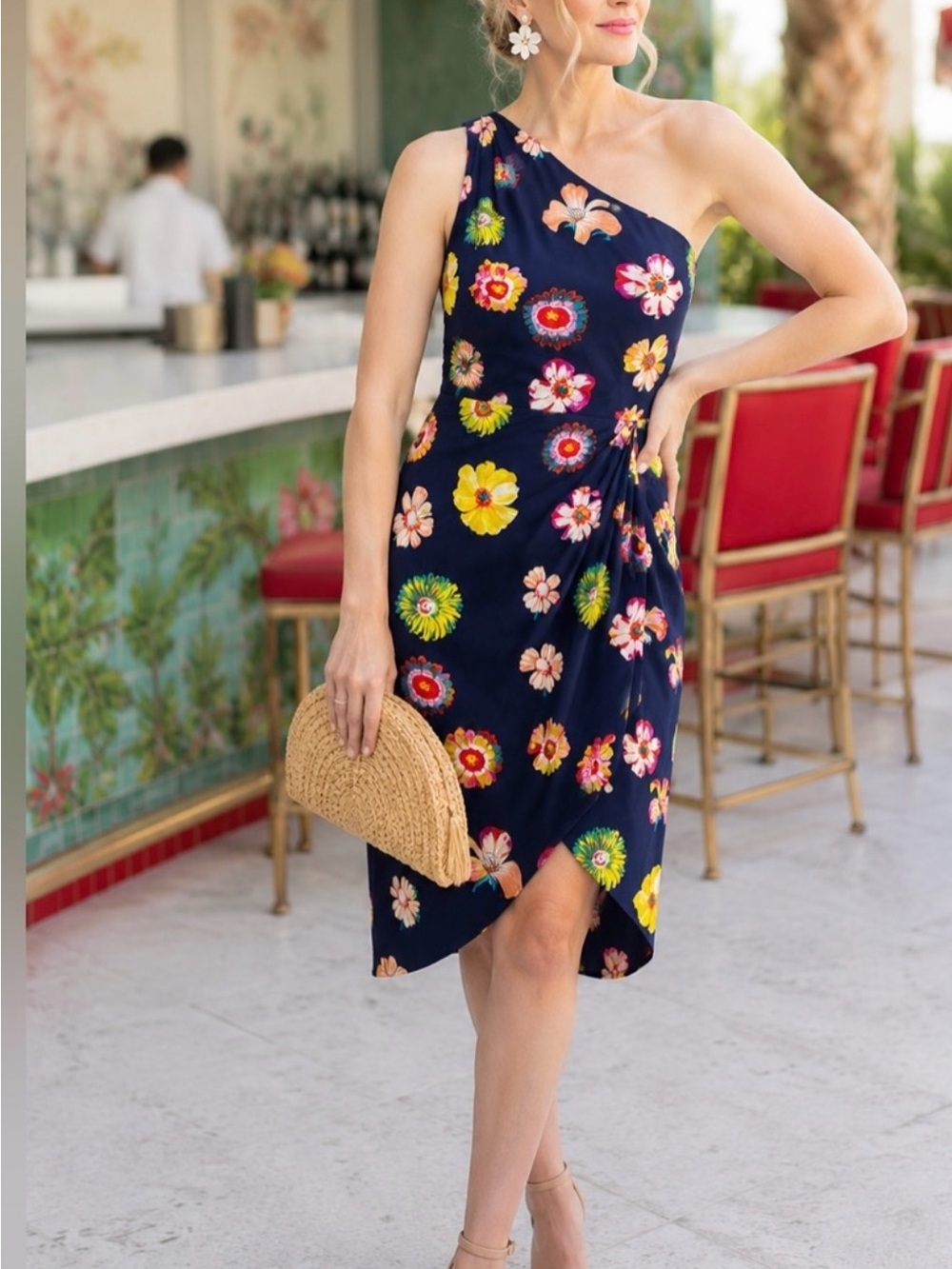 J. Crew Navy One-Shoulder Floral Twist-Waist Dress